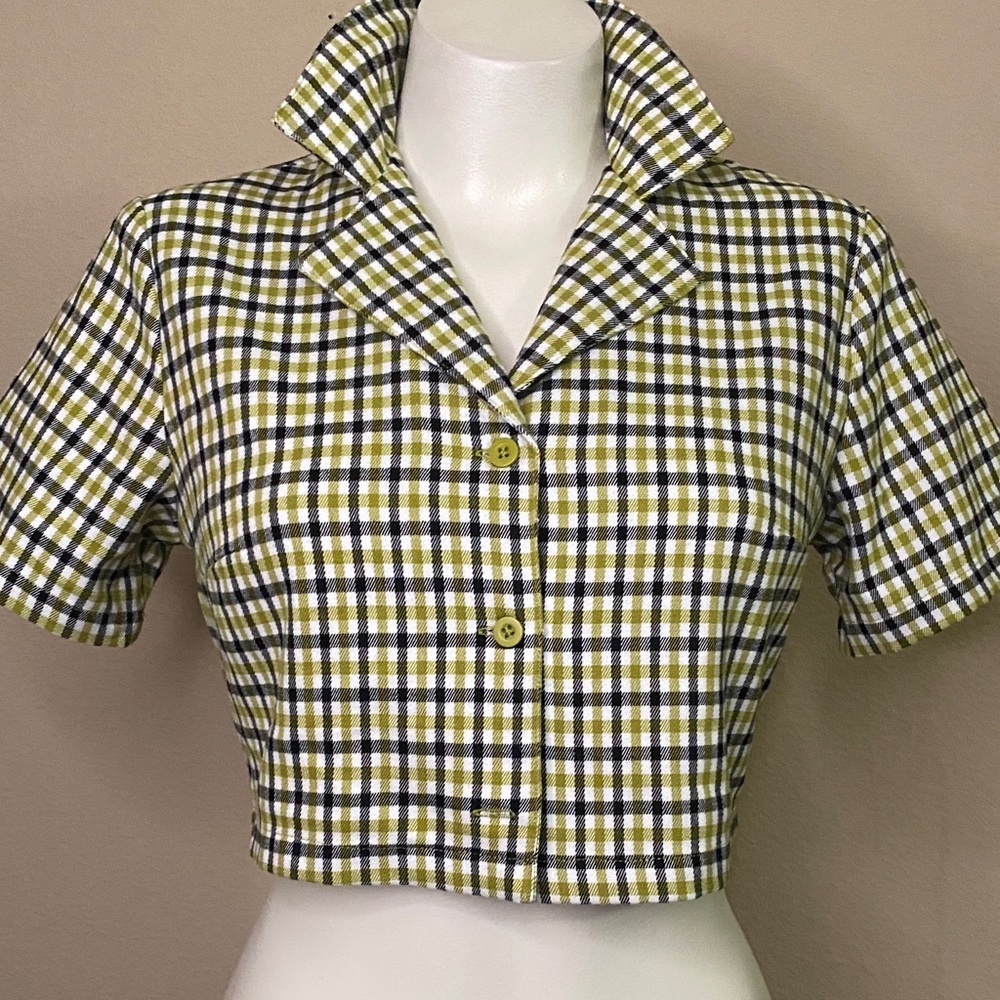 John Galt Brandy Melville lime black Plaid button front retro Crop Top 💚